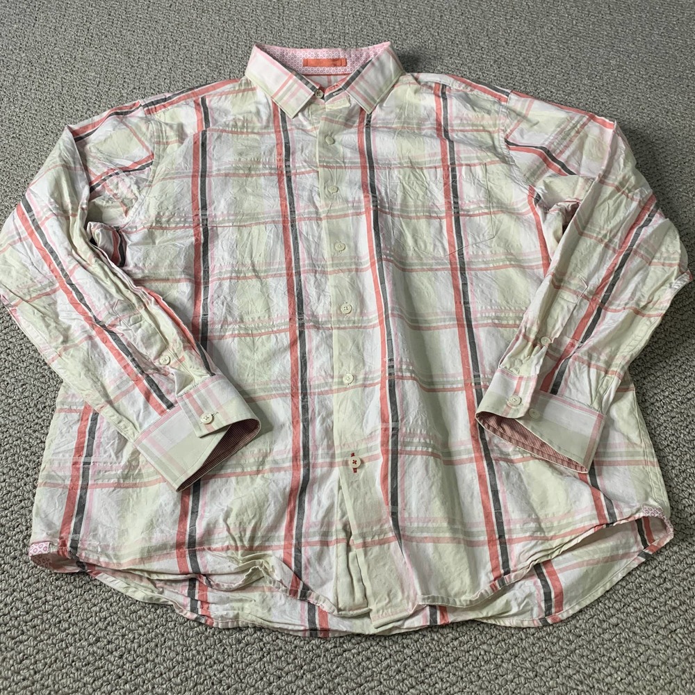 Tommy Bahama Mens Shirt Pink Plaid Long Sleeves Button Up Contrasting Cuffs